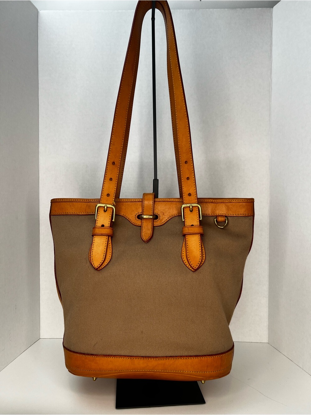 Vintage Dooney & Bourke Cabriolet Bucket Bag Taupe Canvas & Tan Vachetta Leather